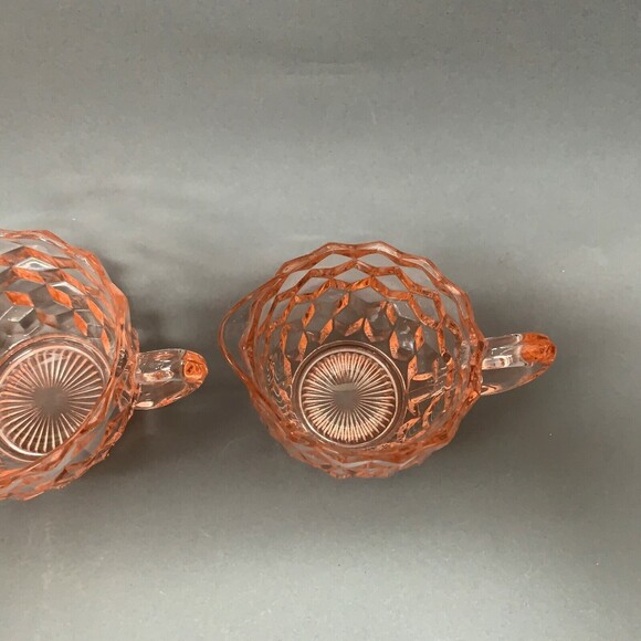 Jeanette Cube Depression Glass Pink Clear Creamer Mini Open Sugar Bowl - Picture 5 of 7